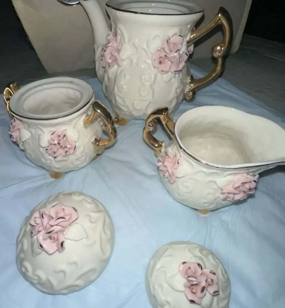 Vintage Cracker Barrel 3-Piece Porcelain Tea Set with Pink Roses and Gold Trim